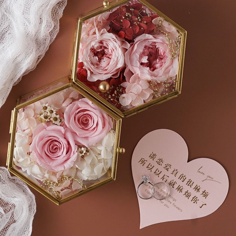 Desktop Sieraden Opbergdoos Vintage Geometrische Glas Comstics Make Organizer Diy Rose Flower Wedding Ring Vitrine