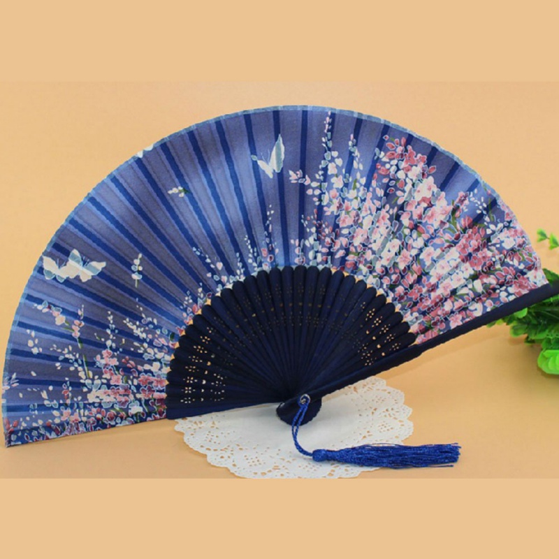 Zijde Chinese Fan Folding Hand Held Silk Bamboo Prints Fan Japanse Serie Vintage Retro Stijl Handgemaakte BlueHand Fan