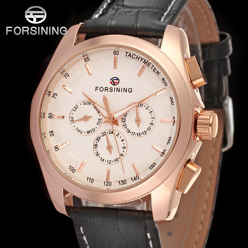 Mode Forsining Top Mannen Automatische Mechanische Horloge Mannen Goud Casual Horloges Lederen Kalender 24 Uur Klok: Rose Gold-White