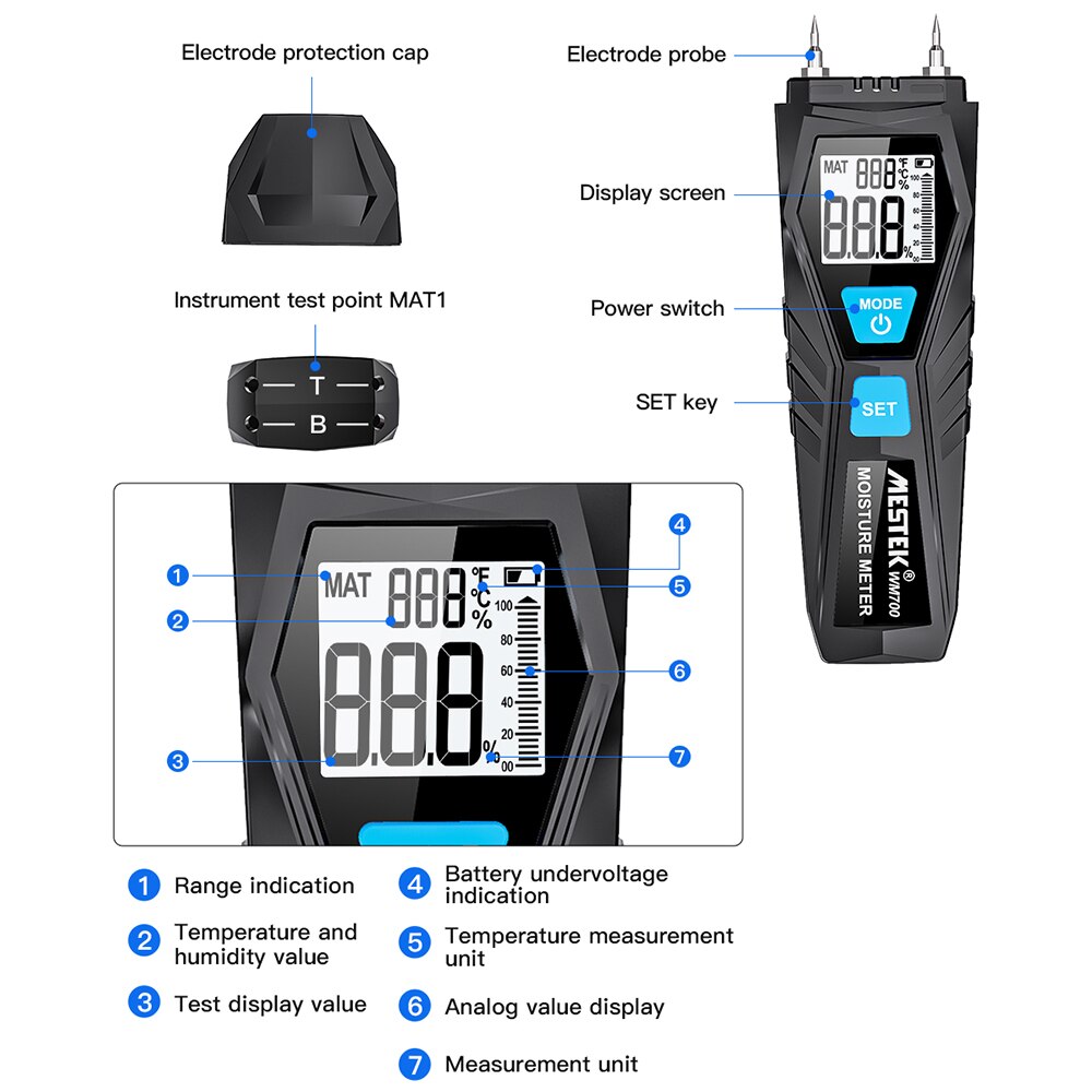 MESTEK WM700 Wood Moisture Tester Handheld Temperature Humidity Meter Mini LCD Digital Lumber Damp Meter Detector 2 Pin Probes