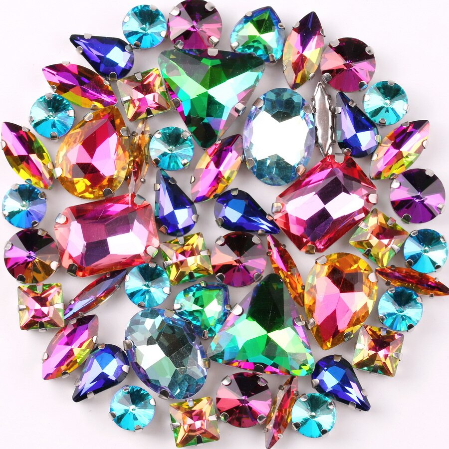 Zilveren klauwzettingen 50 stuks/tas vormen mix violet regenboog glas kristal naaien op strass trouwjurk schoenen tassen doe-het-zelf afwerking