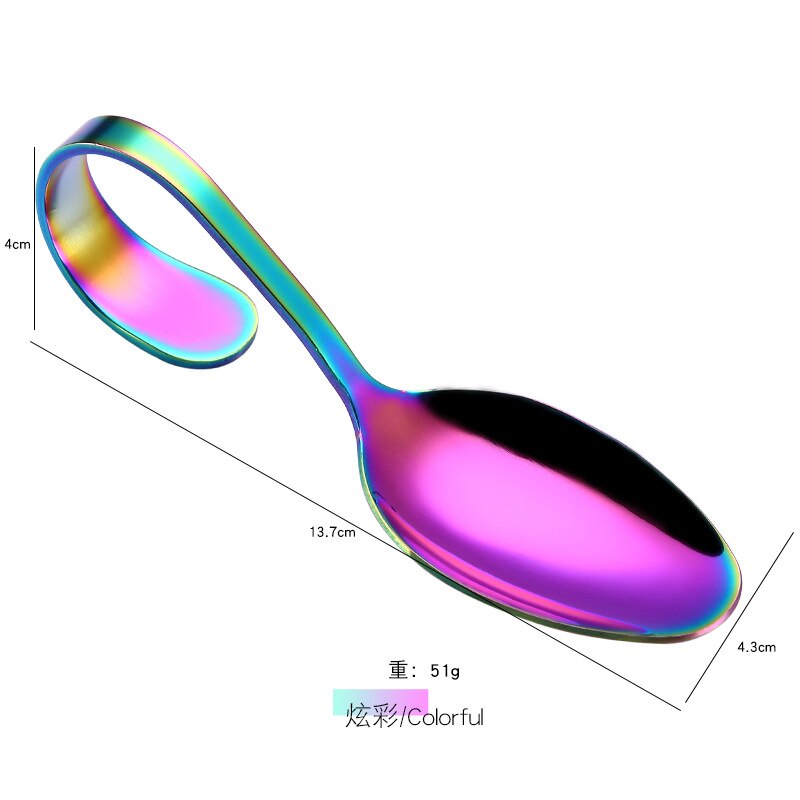 1 Pcs 304 Stainless Steel Hotel Buffet Kitchen Curved Handle Dessert Soup Spoon Cutlery Kitchen Accessories Drinking Tools: Rianbow