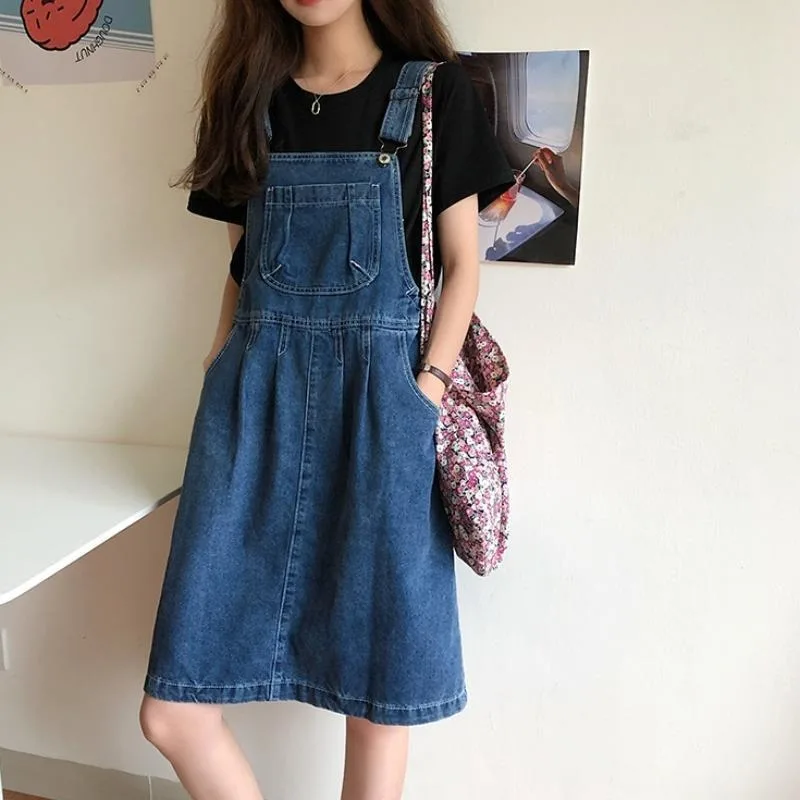 Denimkjol med hängslen dam vintagetvätt blå a-linjeformad casual sommar ett stycke koreansk kjol med  y2k remmar dam: L