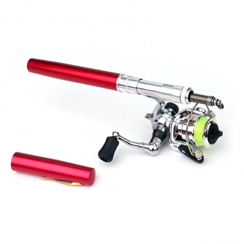 Mini canne à pêche télescopique en métal, 1.6m, en forme de stylo, avec moulinet à tambour fixe: Rouge