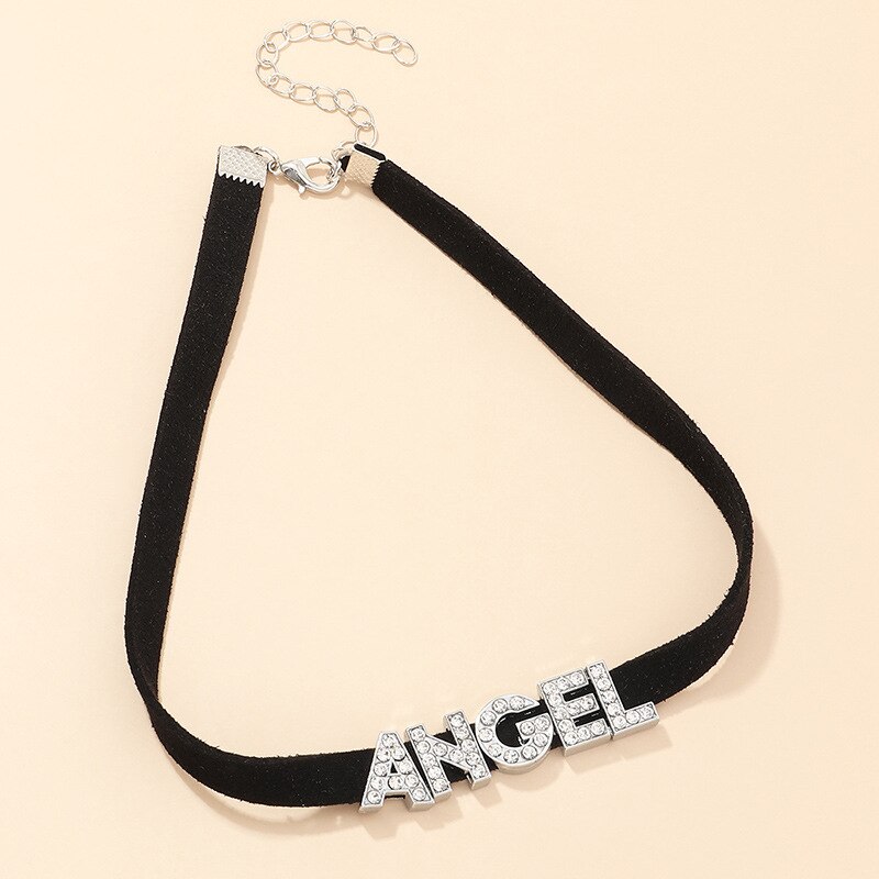 Collar gótico negro con cristales y letras de ángel para niña y mujer, Gargantilla corta, cuello Punk, Retro, joyería para , accesorios para el cuello