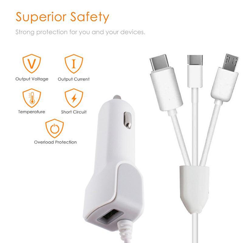 Fast Car Charger 3 In 1 Splitter Usb Charger Kabel Voor Iphone Micro Usb Android Telefoons Type-C Telescopische auto Opladen Adapter