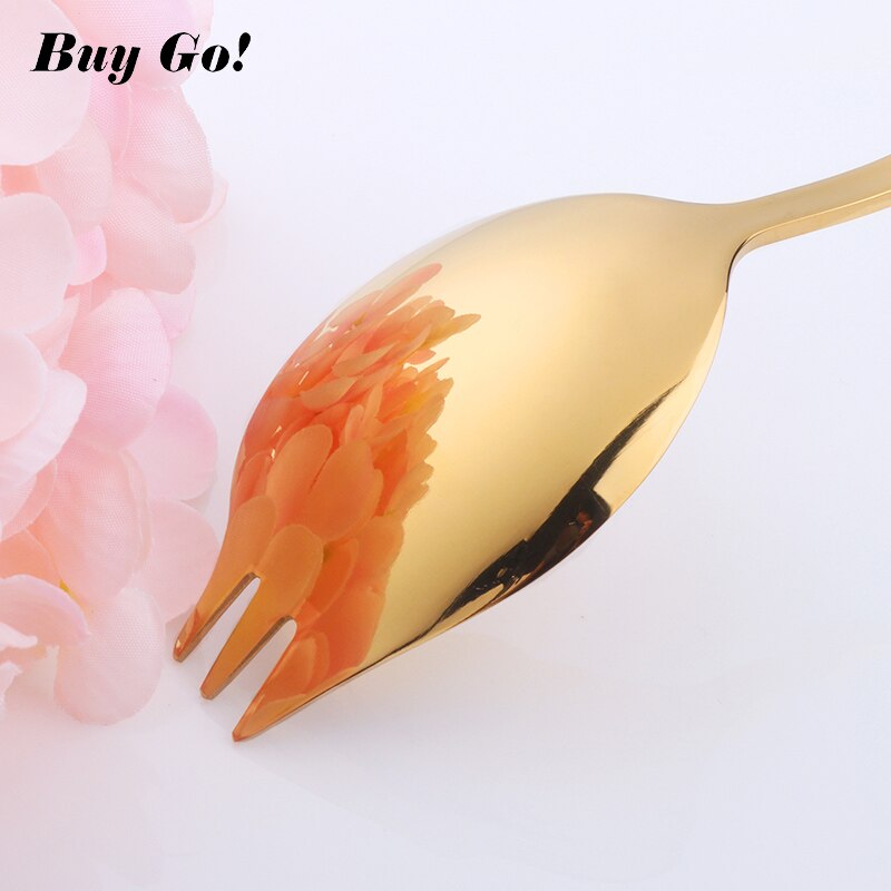 2 in 1 Salad Forks Spoon 304 Stainless Steel Three Tooth Multifunction Dessert Snack Fruit Forks Kitchen Tableware