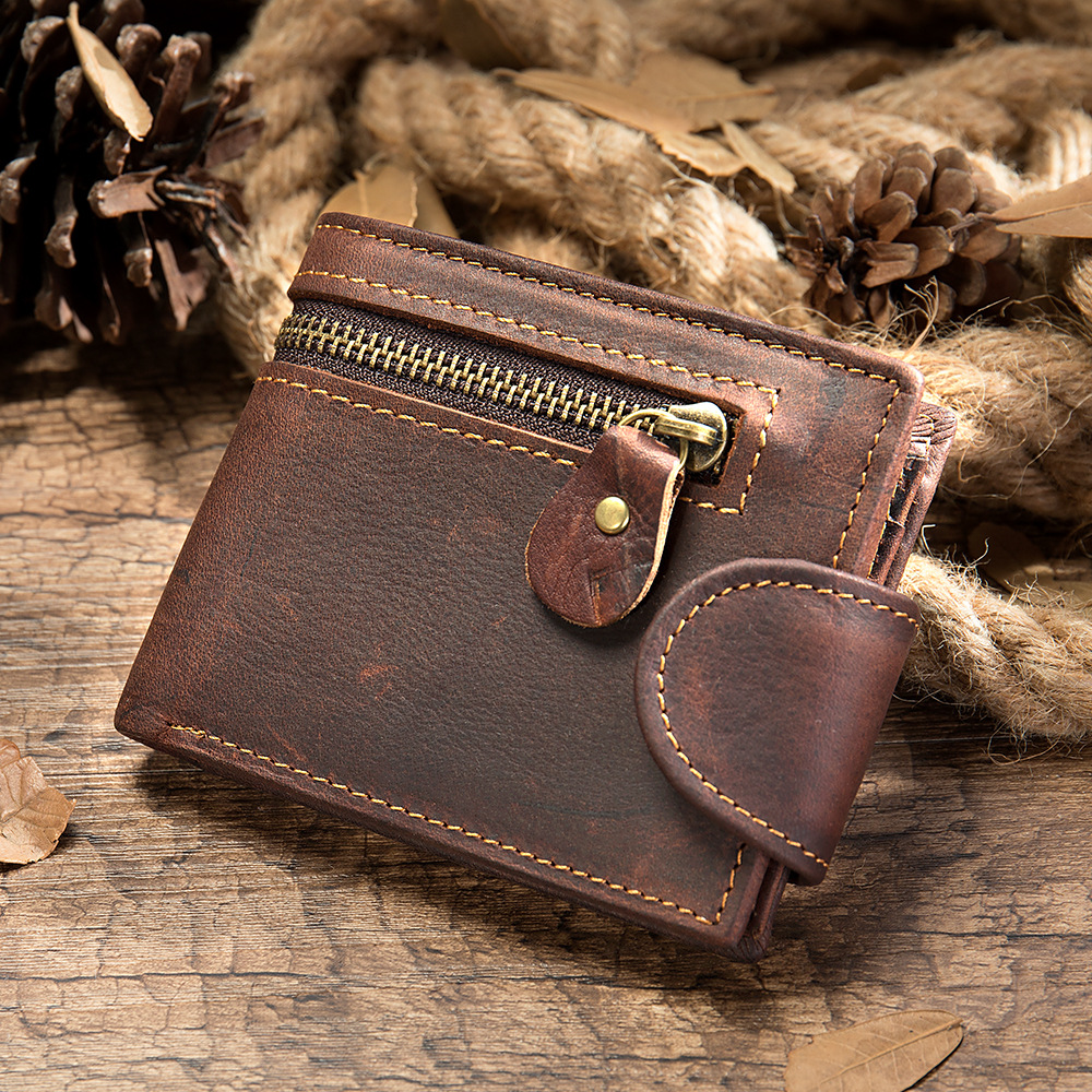 Men's Crazy Horse Leather Short Wallet Genuine Leather Buckle Wallet Vintage Top Layer Cowhide Card Holder Multi-Card Wallet: Coffee