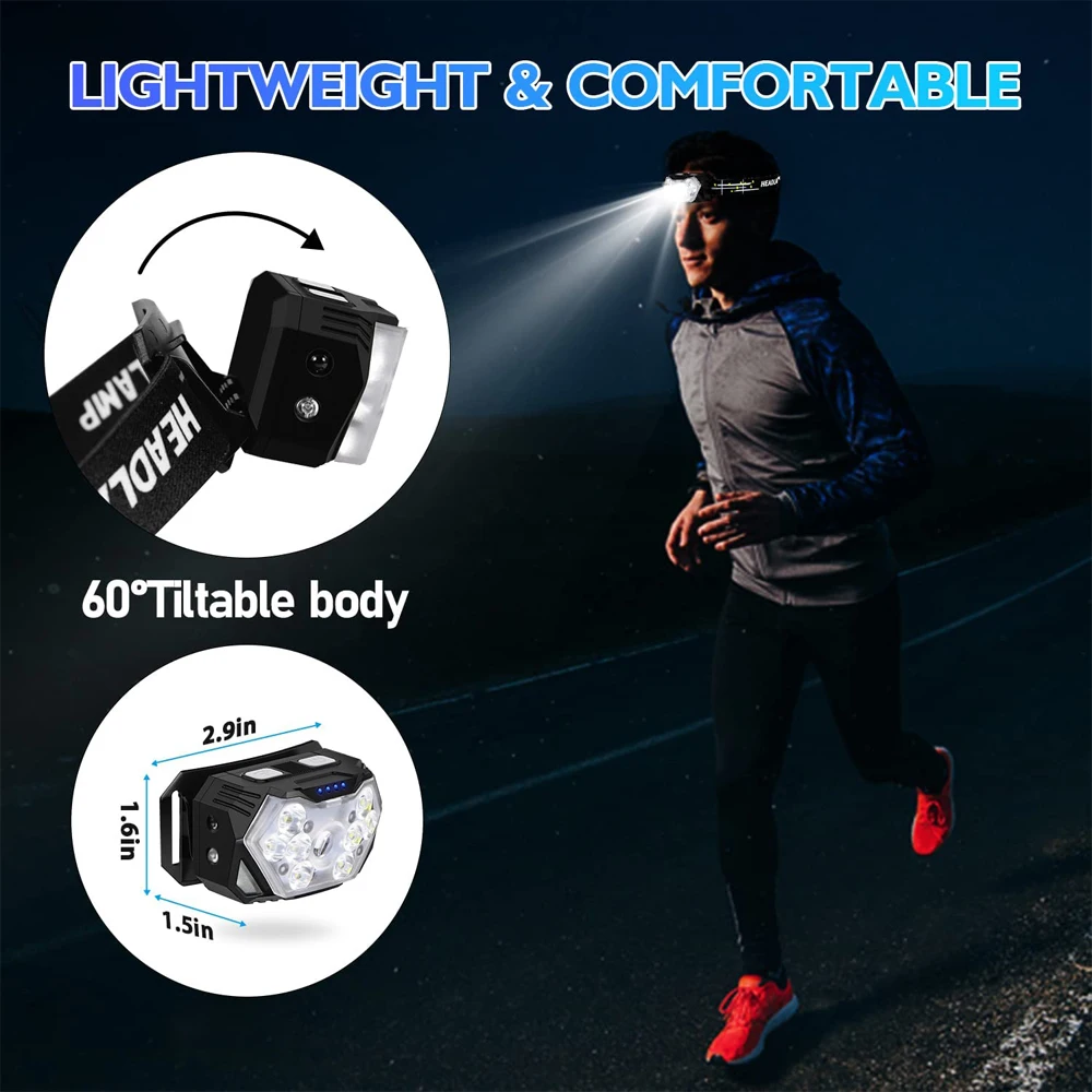 Linterna frontal de 9 luces Led potente, recargable por USB, con Sensor de movimiento, portátil, para pesca, Camping, exterior, linterna de trabajo