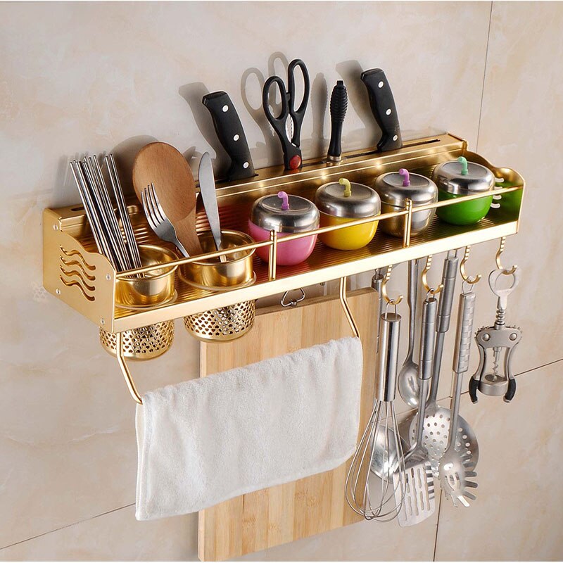 Wall Mounted Pot Pan Rack Multifunctional Kitchen Bookshelf Bottle Rack Cutlery Blocks Hanger Hooks Organizers Space Aluminum