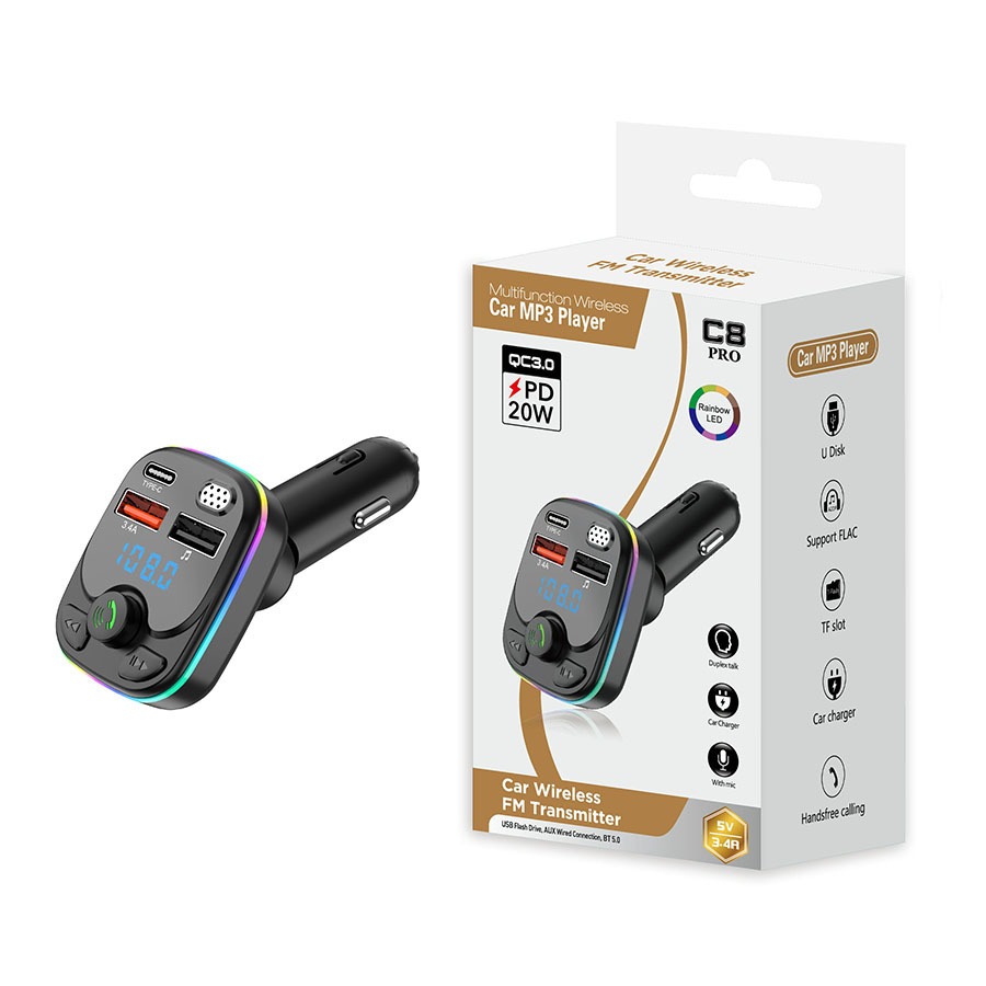 Auto Bluetooth 5.0 FM Absender 12/24V Freisprecheinrichtung Dual USB Umgebungslicht TF Karte MP3 Spieler Typ-C PD20W QC3.0 3,4A Schnellladegerät: schwarz