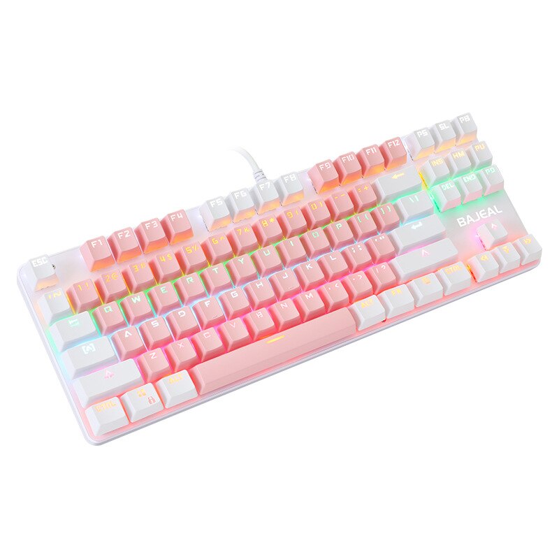 BAJEAL K100 Two-Color Keyboard 87-Key Green Axis Keycap USB Wired Mechanical Keyboard Gaming: PinkWhite