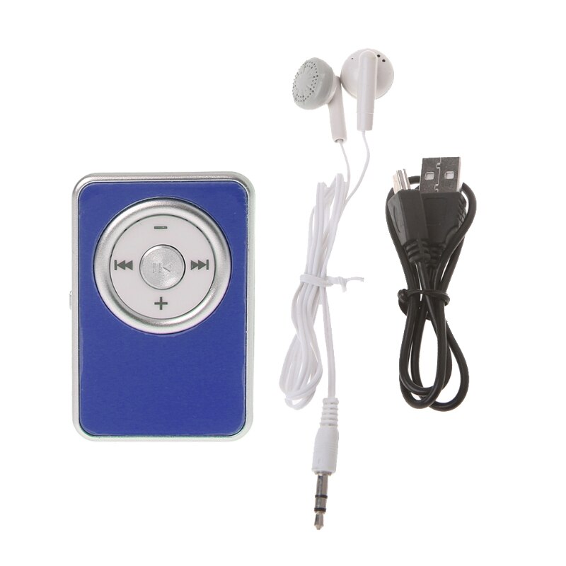 Mini klipp musik media  mp3 spelare stöd tf micro sd-kort med hörlurar usb-kabel: Blå