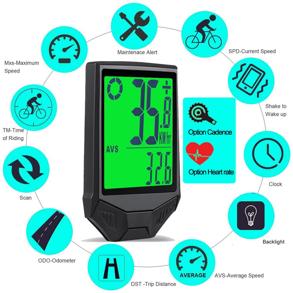 Wireless Bicycle Odometer Multifunctional , Heart Rate Bicycle Computer, Cadence Cycle Computer, Nightlight, Waterproof