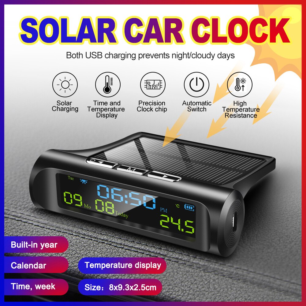 Draagbare 3 In 1 Digitale Led Display Solar Auto Klok Thermometer Indicator Gauge Panel Meter Voor Auto