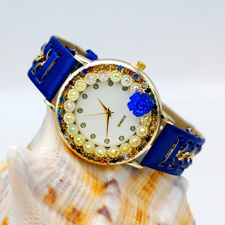 Ladies Flower Hand-knitted Wristwatch Rose Women Dress Watch Color Sparkling Rhinestone Leather Strap Clock Sweet Girl Watch: dark blue