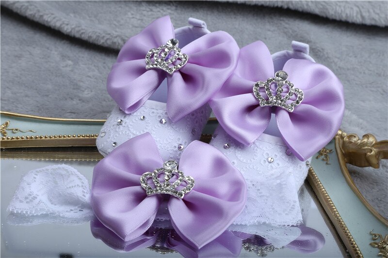 Dollbling designade baby småbarn skor aprikos blomma rosett diamant kronsmycken baby flicka baby skor pannband: Violett rosett / 1