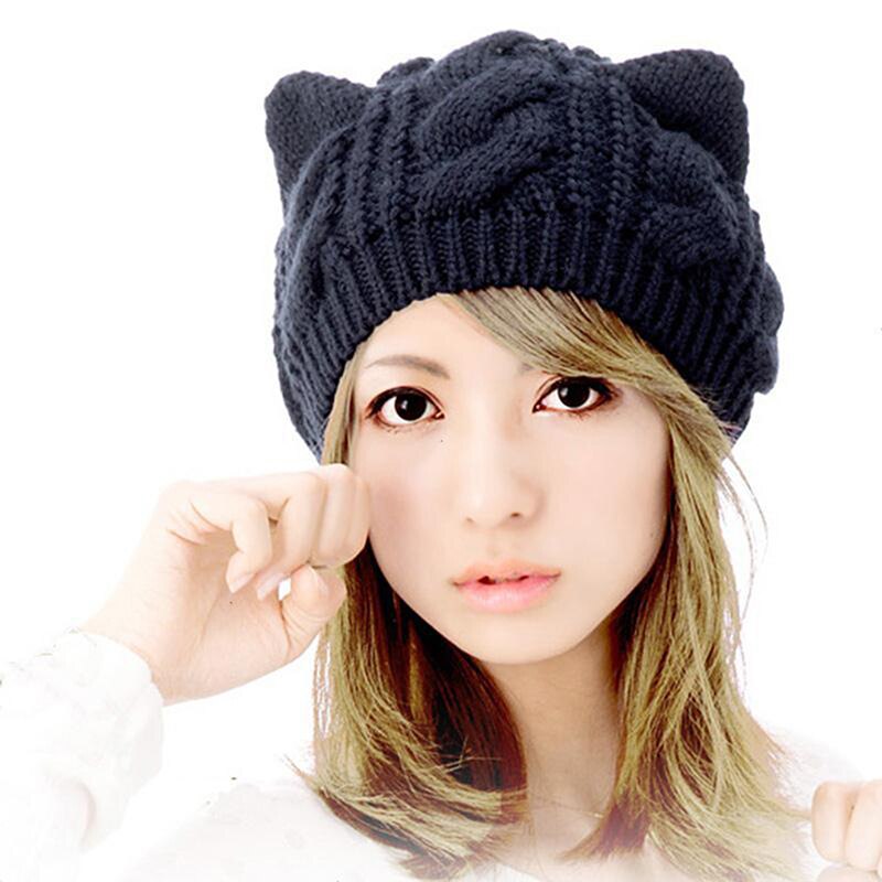 Gorro con orejas de gato y cuernos de diablo para mujer, gorra tejida a ganchillo, gorros de lana tejidos a la , gorros cálidos para invierno y otoño