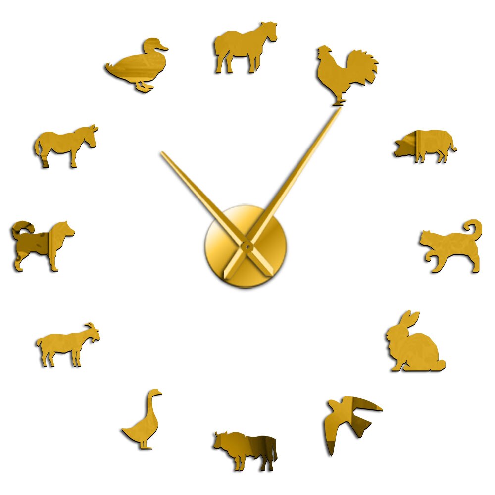 Barn Animal Super Big DIY Wall Clock Farm Animals Acrylic Mirror Clock Super Digital Watches Clocks Farmyard Kitchen Decor: Gold / 12  inch