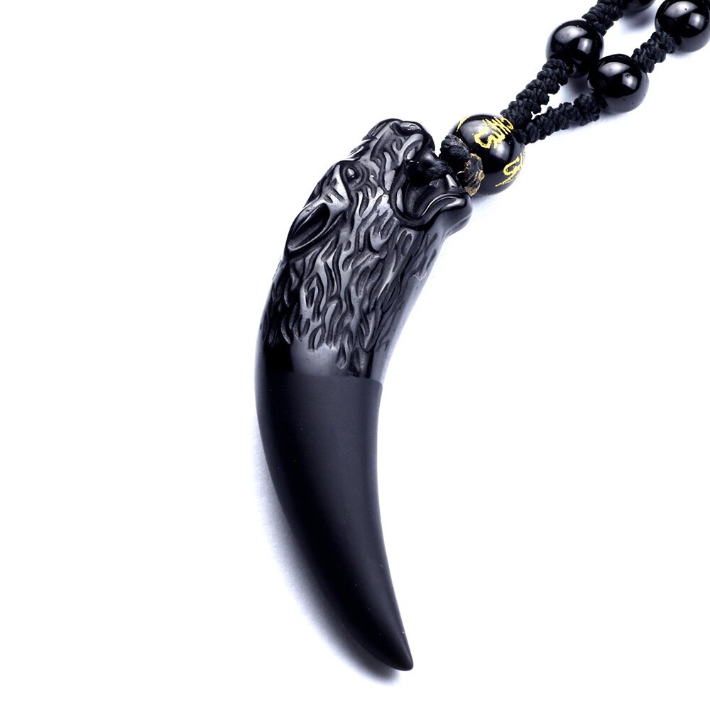 Wolf tooth Black Obsidian Pendant Necklace Amulets And Talismans Couple Natural Stone Necklace For Women Men Lucky Jewelry