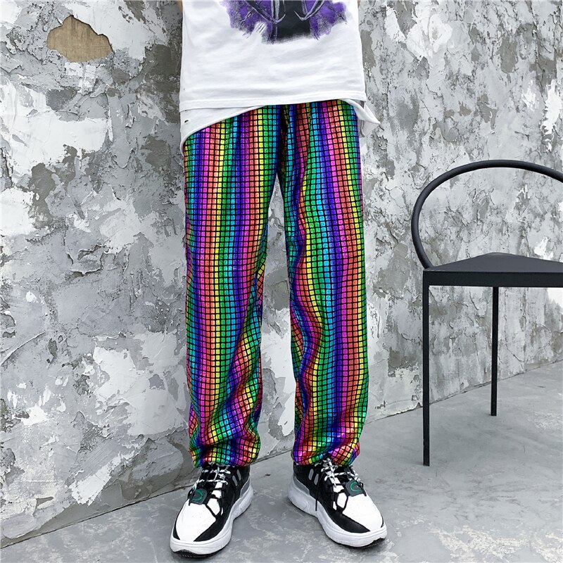 M-xxl värikkäät yökerhohousut miesten joustava vyötärö kirkas hip hop streetwear housut miesten vaatteet väljä istuvuus