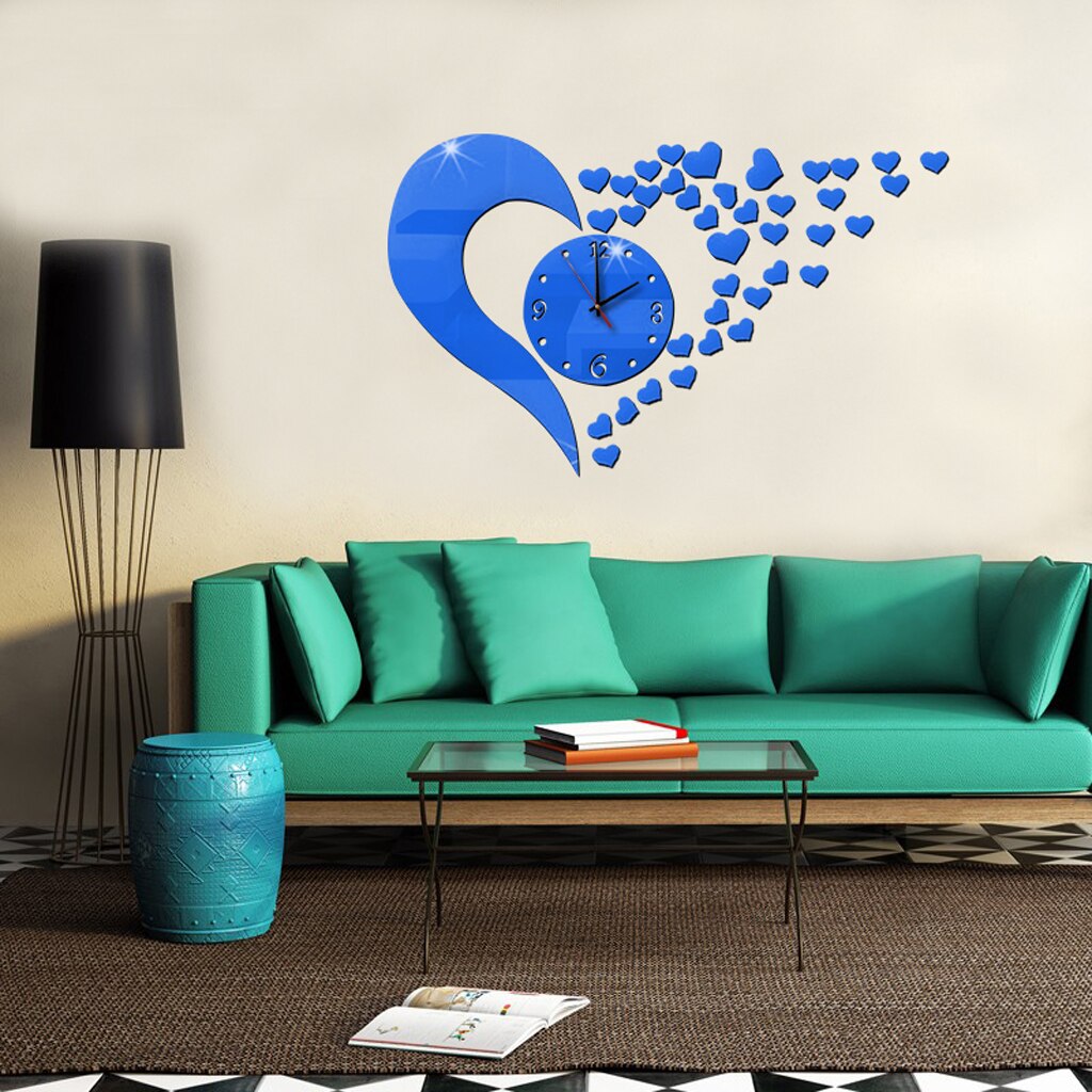 Love Heart Shaped DIY Wall Clock 3D Mirror Surface Sticker Home Wall Decor: Blue
