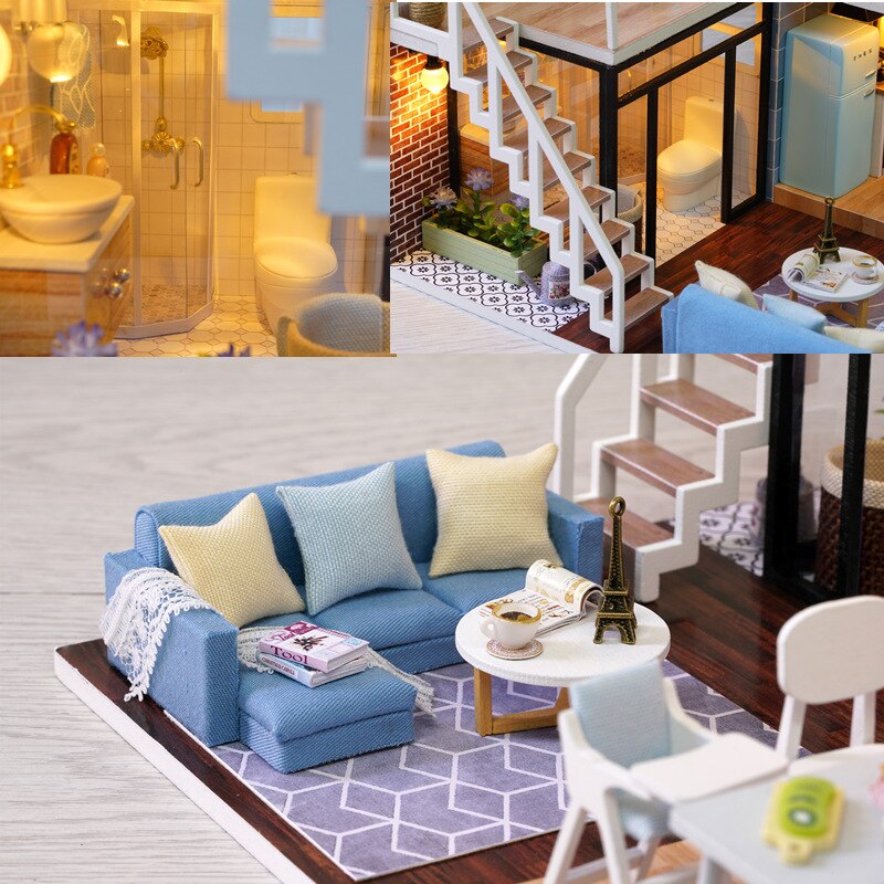 CuteRoom Blau Zeit Puppe Haus DIY Miniatur Mit Möbel Musik Licht Abdeckung Miniatur Modell Dekor Baby Liebe Spielzeug