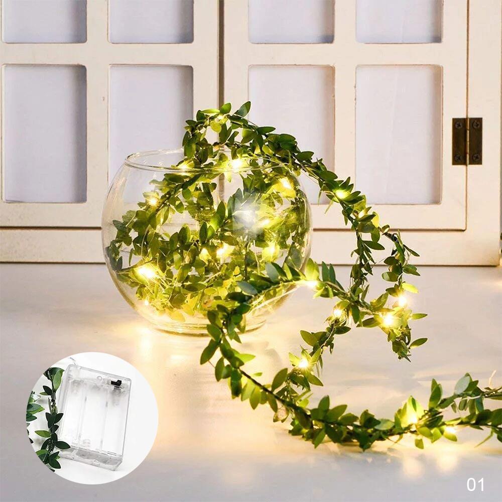 Bittesmå blade krans fe lys led kobbertråd batteri streng lys til bryllup skov bord jule hjemme fest dekoration: Grønne blade / 3m