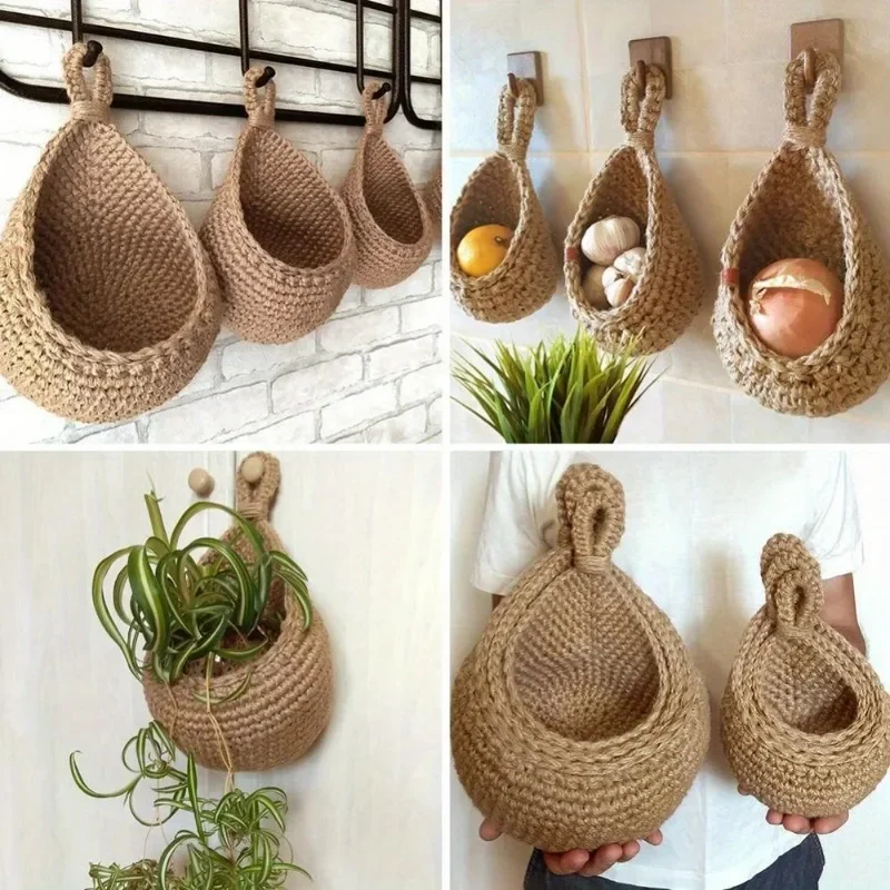 Hand-woven Basket Vegetable Fruit Basket Net Pocket Kitchen Hanging Net Pocket Rattan Storage Baskets Plant Flower Container