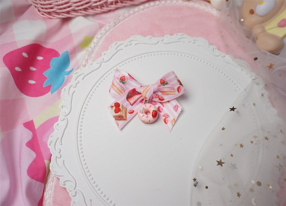 Horquilla de fresa dulce para niña y mujer, accesorios para el cabello de Lolita, a cuadros, lazo de encaje, pinza para el pelo de postre, D284: color 3