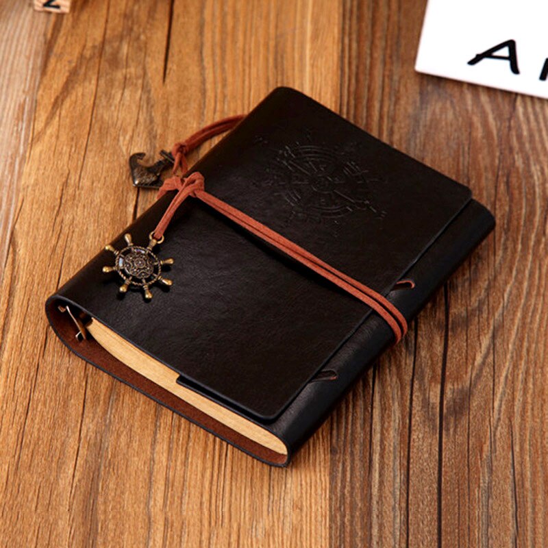 Vintage Piraat Dagboek Notebook Agenda Met Faux Leather Cover Loose Leaf Note Book voor School Briefpapier of Reiziger: Black / Large 165x235mm