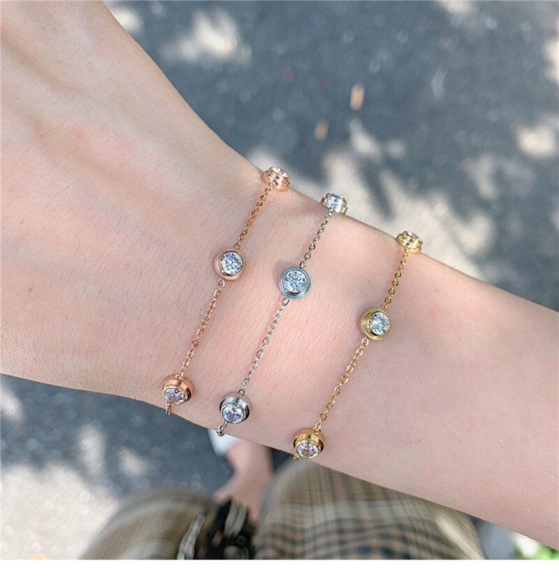 YUN RUO Rose Gold Color Luxury 5 Zircon Stone Bracelet Woman Titanium Steel Jewelry Not Change Color