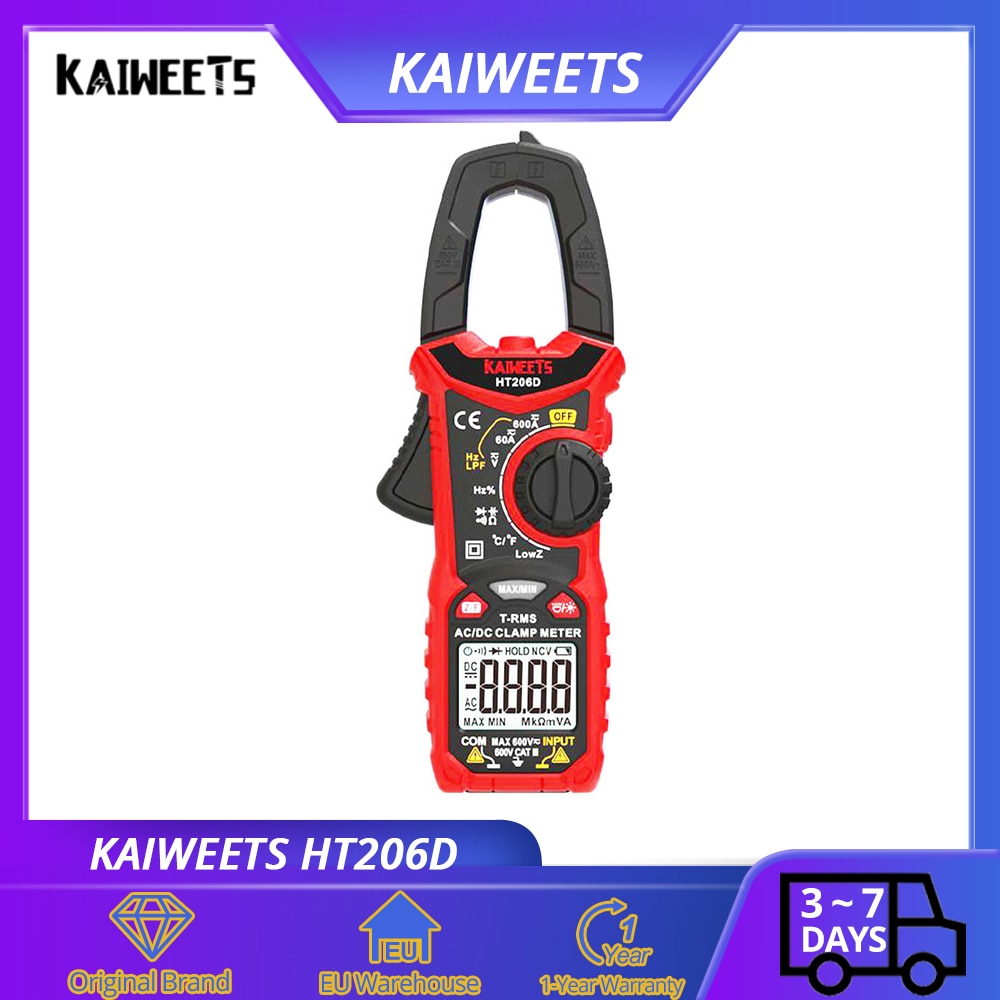 KAIWEETS-multímetro Digital HT206D AC DC, Pinza amperimétrica, True RMS, alta precisión, capacitancia, NCV, Ohm, Hz tools