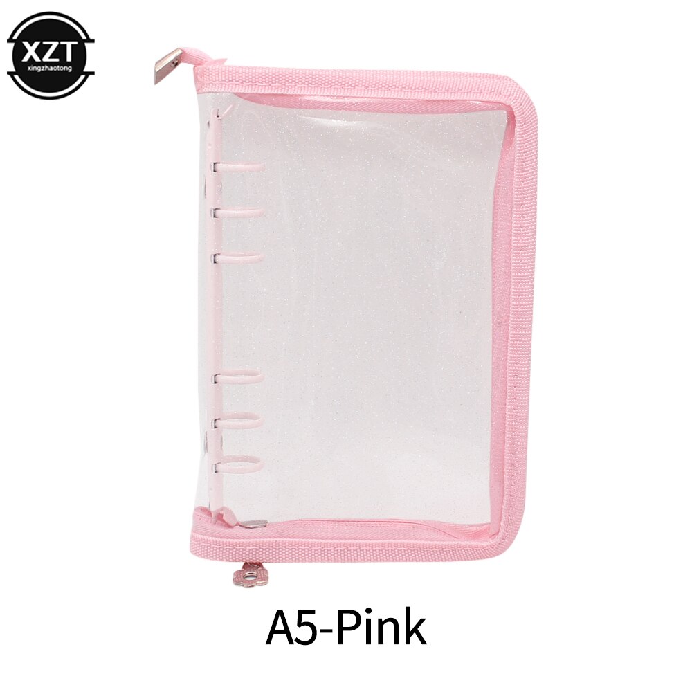 A5 A6 Loose-Leaf Notebook Cover Glitter Zipper PVC Notebook Korean Stationery Diary 6 Hole Binder Clip Notebook Office Planner: A5-PINK