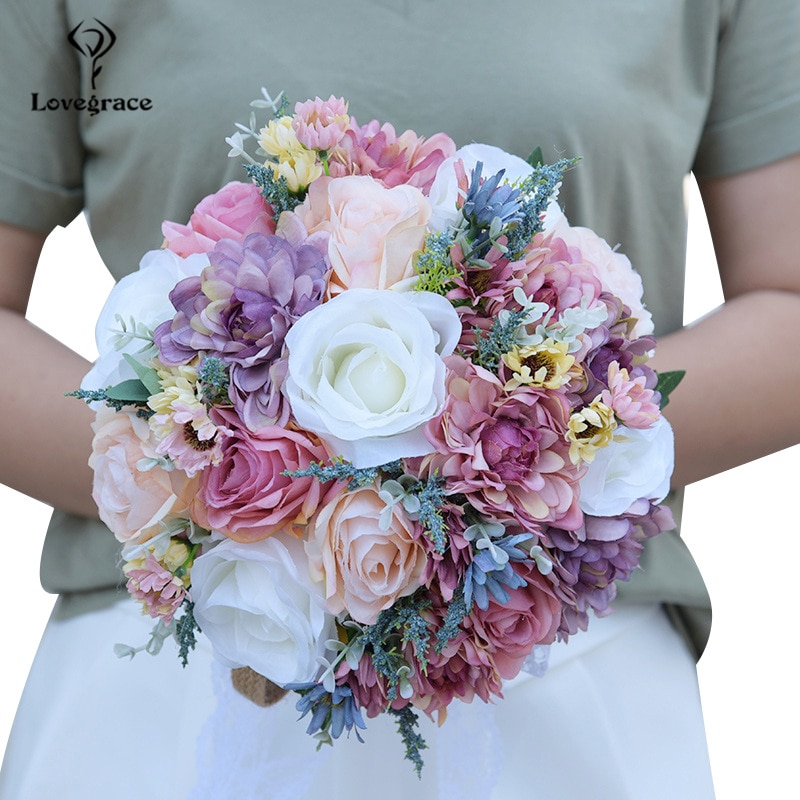 Lovegrace brudbukett bröllopsros blomma rosa blå bohemisk romantisk blombukett konstgjord siden dahlia bröllopsbuketter