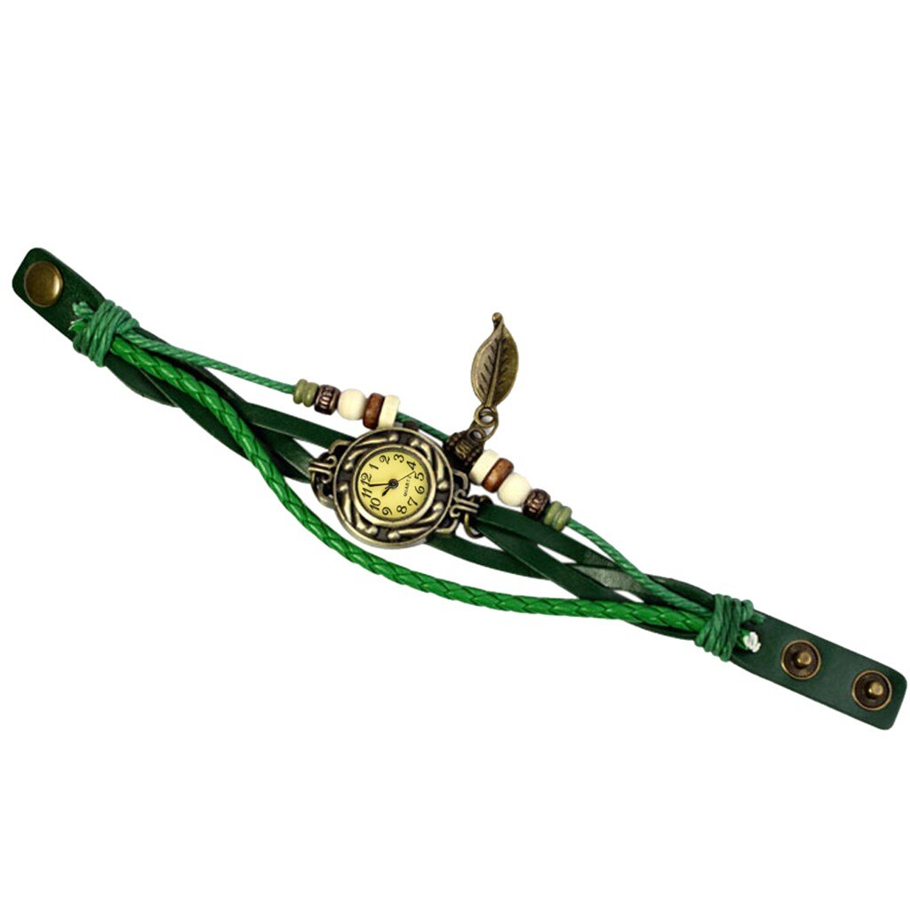 Beste Womens Armband Vintage Weave Wrap Quartz Pu Leather Leaf Kralen Horloges Dame Horloge Relogio Feminino