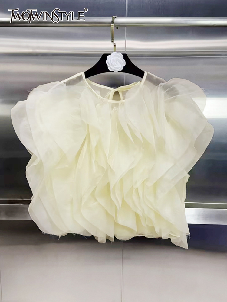 zwei twinstyle elegante Patchwork Rüschen zur Seite fahren Shirt für Frauen Rundhals ausschnitt ärmellose gespleißte Gittergewebe Temperament Blusen weiblich