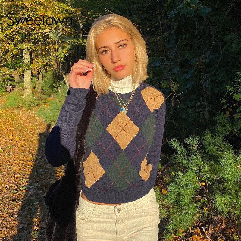 Sweetown Argyle Knitted Y2K Sweaters Women Preppy Style Vintage 90s Aesthetic Knitwear Pull Plaid Blue Pullover Jumpers Winter