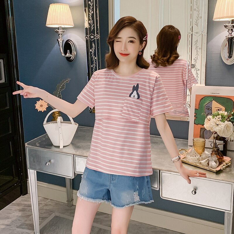 6680#  sommer afslappet barselspleje t-shirts strip bomuld amme t-shirt graviditet sove lounge slid amme toppe