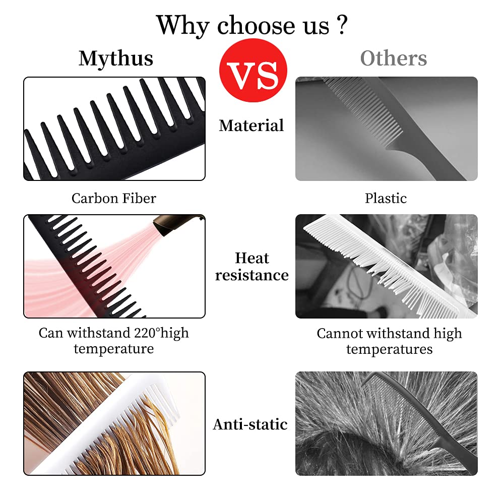 Mythus-pente de fibra de carbono para casa, conjunto com 9 peças, corte fino, barbeiro, cabeleireiro, salão de beleza, kit de pente traseiro para homens e mulheres