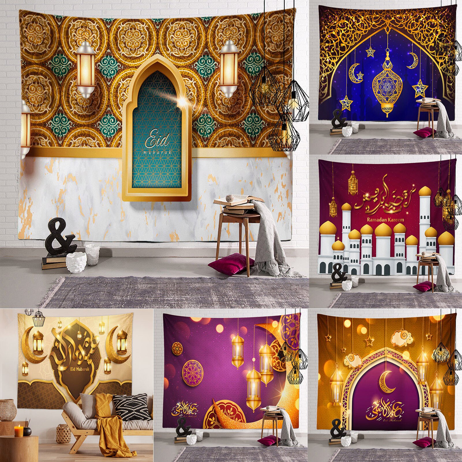El musulmán Eid Mubarak imprimir tapiz impermeable de piel de melocotón oración comedor tapices para colgar en la pared Ramadán Kareem decoración de la habitación