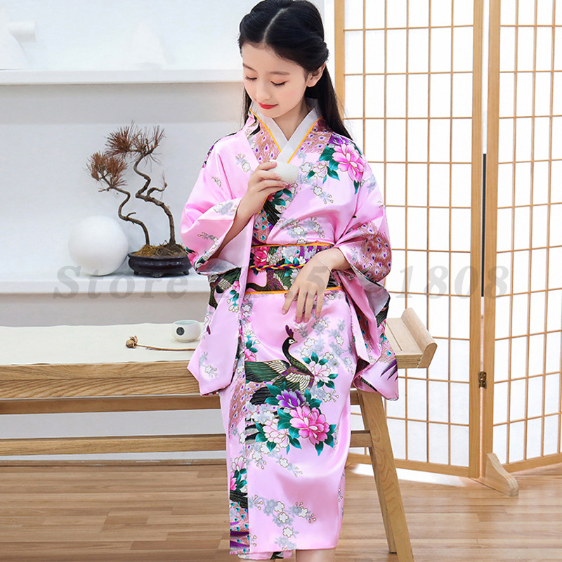 Mädchen Kind Japan Kimono Kleid Traditioneller Haori Yukata Bademantel Satin Luxus Orientalischer Bademantel mit Obi Kinder Cosplay Kleid