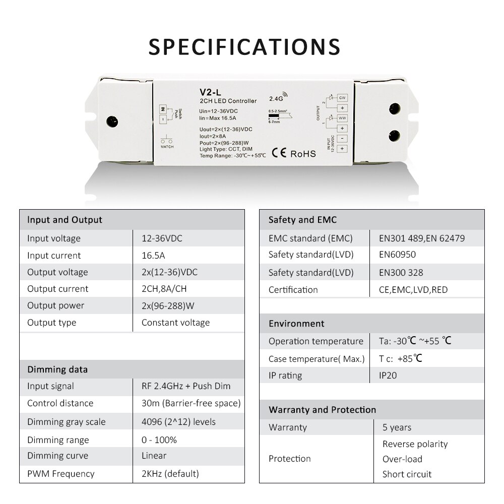 WW CW LED Controller 12V 24V 36V 2CH 16A 2.4G Wireless Remote Control RF LED Dimmer Switch for CCT Daul White LED Strip Light