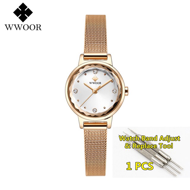 Armbinde Uhren Frauen Luxus WWOOR oben Wasserdichte Stahl Gurt Kristall Damen Handgelenk Uhren Relogio Feminino: Rose Weiß