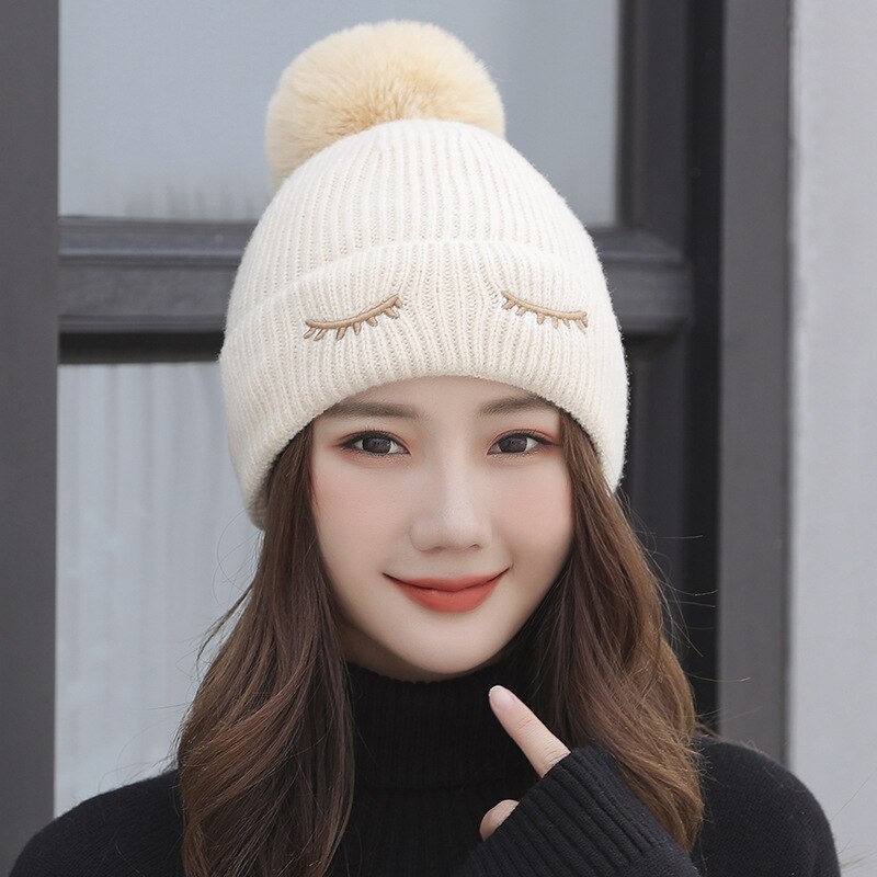 Falcon plan dames winter gebreide muts met imitatiebont pompon warme gebreide muts voor dames: Beige