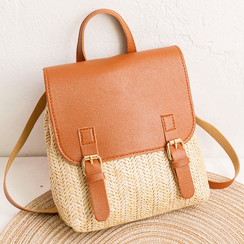 Vintage Straw Backpack Women's Shoulder Bag Versatile Straw Woven PU Leather Luxury Small Backpack: Beige