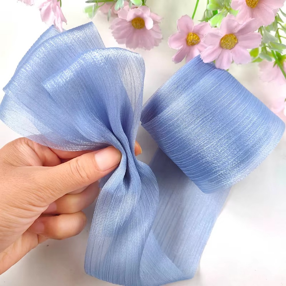 Ruban en mousseline de soie plissée de 5M, 6cm de large, bricolage, fil de Tulle, ruban à nœud, Bouquet de coiffure: Or