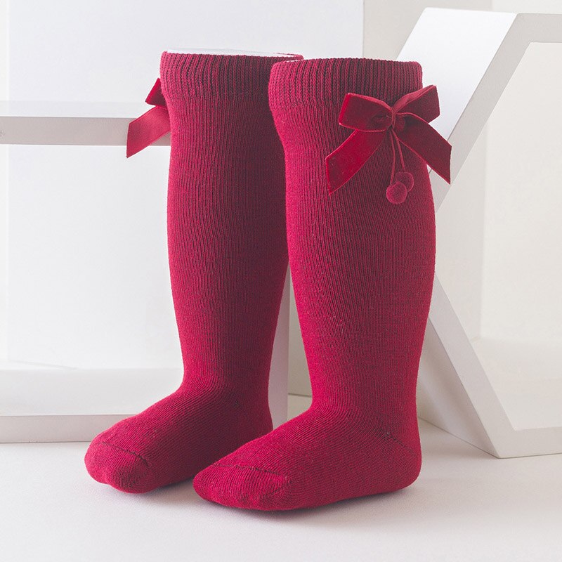 Efterår vinter varm baby sokker søde bowknot børn børn pige knæhøje sokker ensfarvet blød bomuld spædbarn toddler lange sokker: Rødvin