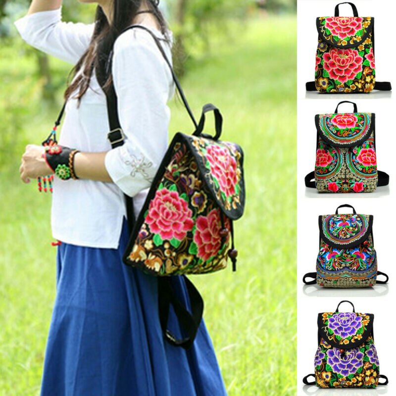 Vintage Floral Peony Embroidery Ethnic Canvas Backpack Women Handmade Travel Bags Schoolbag Backpacks Rucksack
