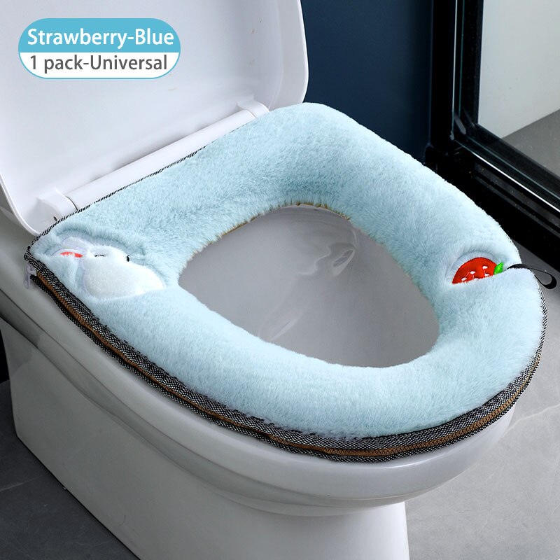 Bathroom Toilet Seat Cover Set Thicken Soft Coral Velvet Rainbow Color Zipper Toilet Case Warm Waterproof WC Potty Cover SWZ024: cloud-blue